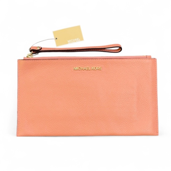 Michael Kors Peach Leather Large Zip Clutch Wristlet NWT - Picture 1 of 6